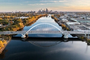 aerial view of MInneapolis and the Lowry Bridge