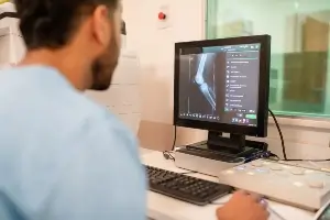 medical professional viewing an X-ray of a knee on a health information system laptop.